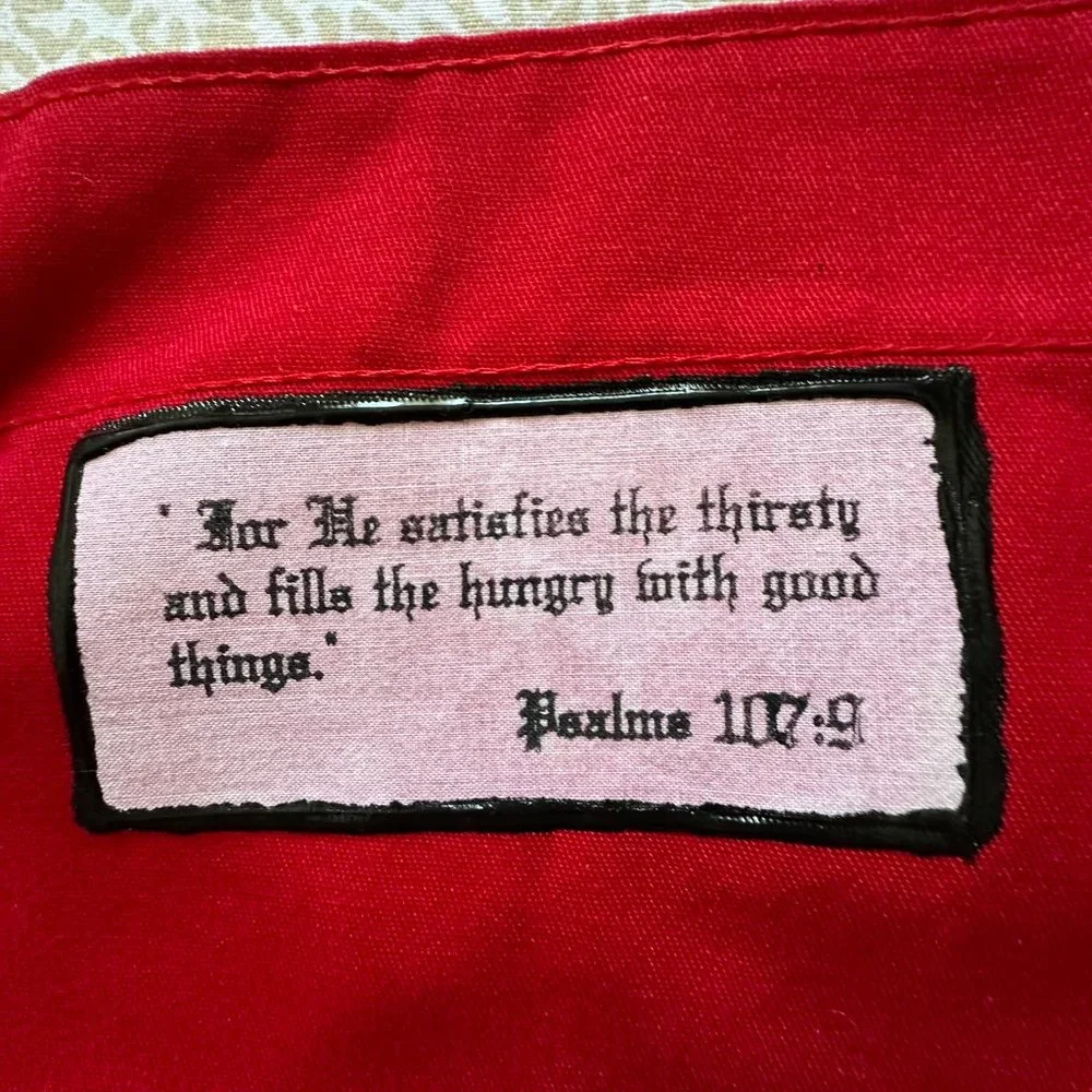 Vintage Christian red grilling / cooking apron, Psalms bible verse